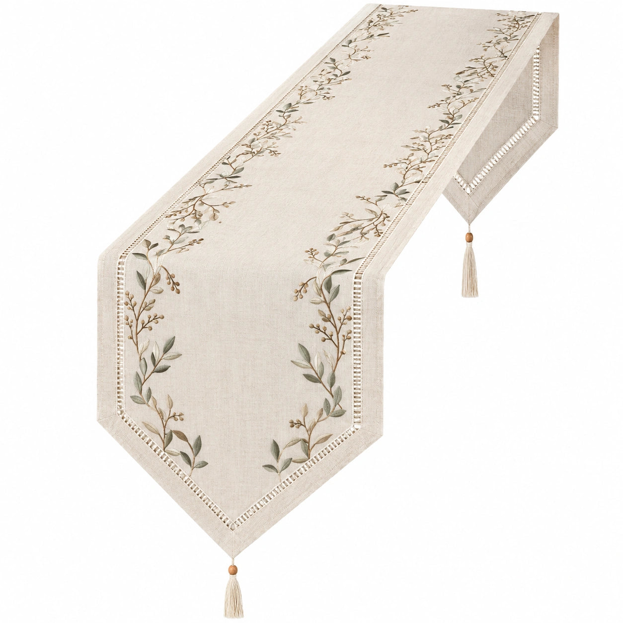 Chemin de table beige brodé à motifs de feuilles avec glands