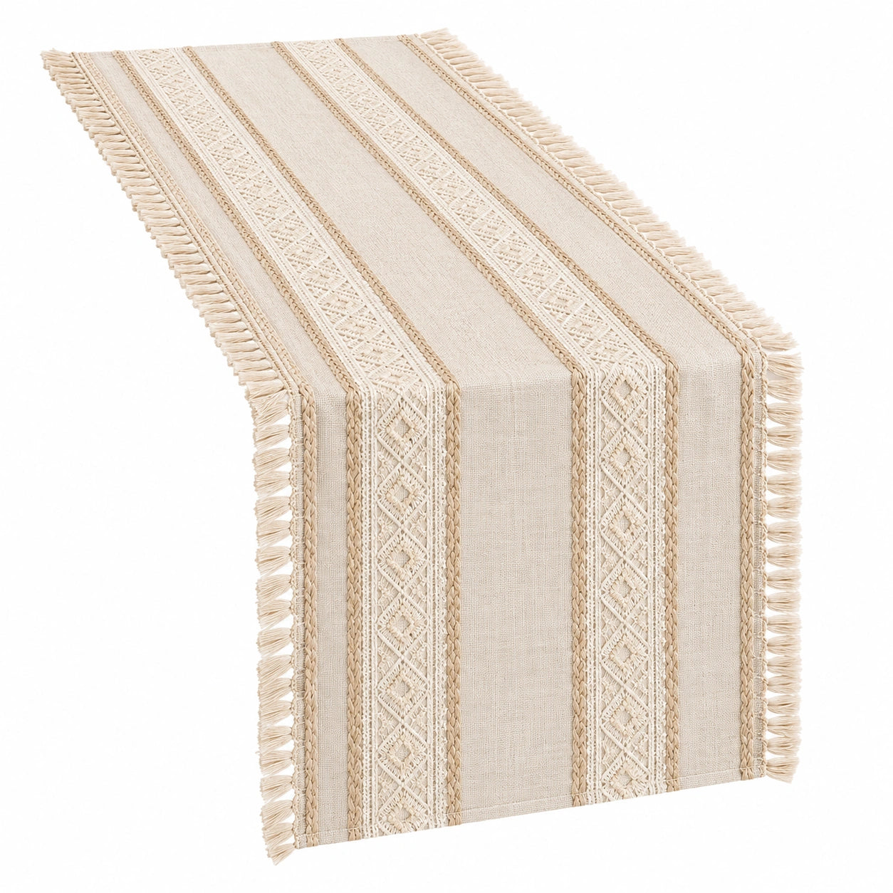 Chemin de Table Beige avec Motifs Tissés et Franges