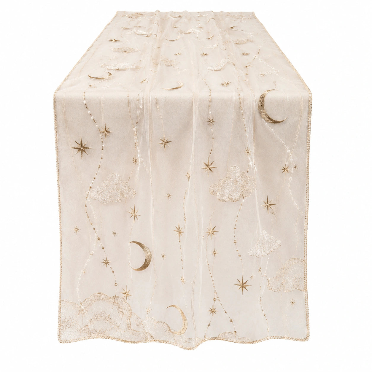 Chemin de Table Brodé Étoile et Lune Beige et Doré
