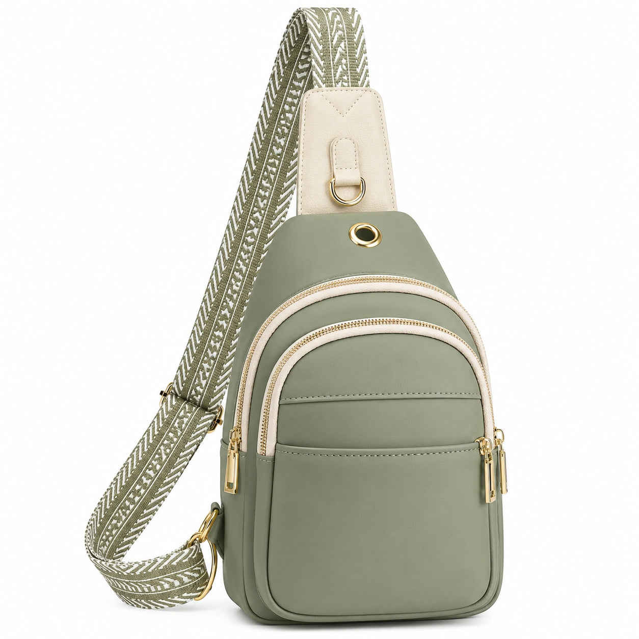 Sac à bandoulière unisexe vert et beige avec sangle réglable