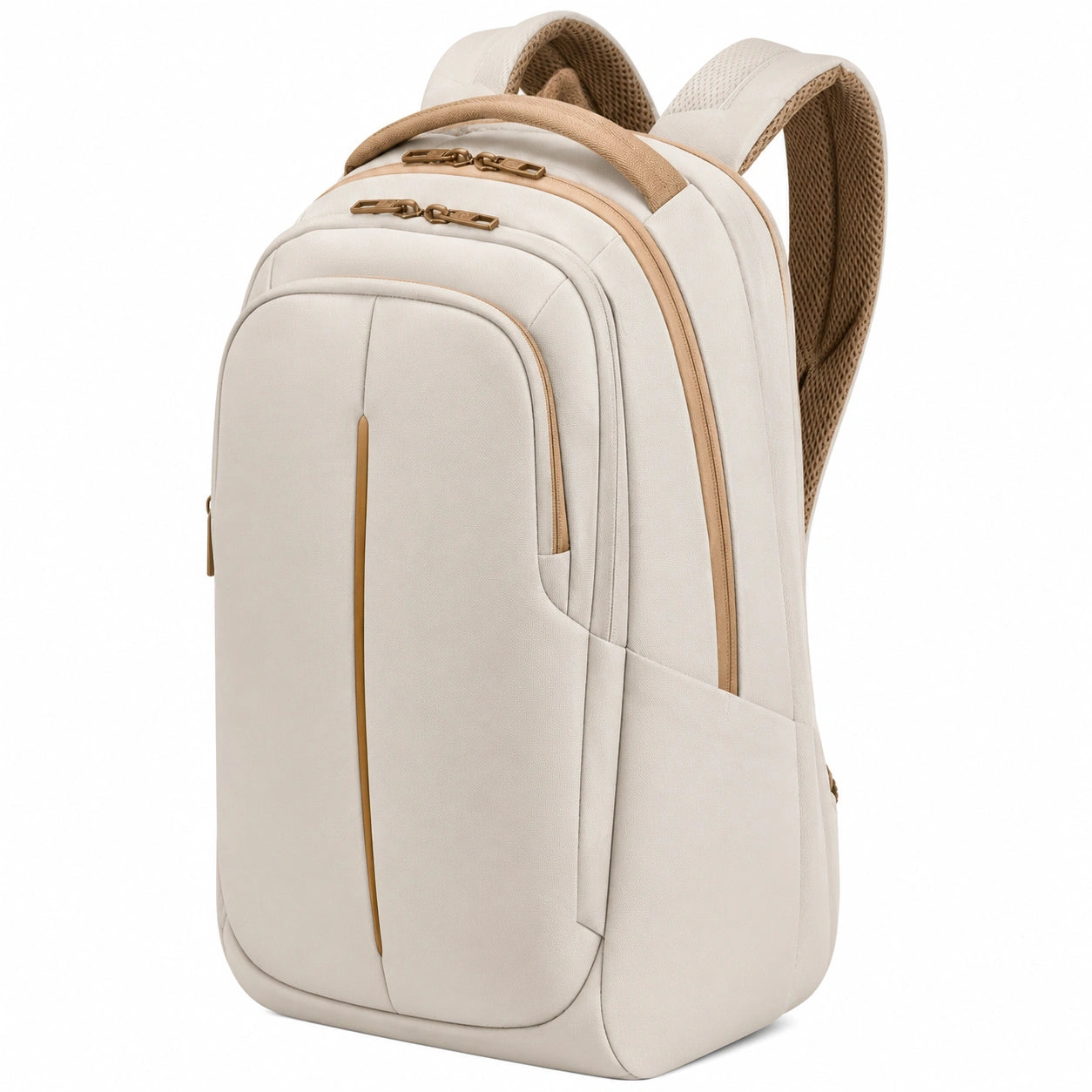 Sac à dos ordinateur beige avec compartiments et fermeture éclair